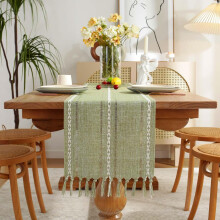 Tischläufer „Bohemia“ aus Leinen, 33 x 183 cm, rustikaler Landhausstil, Makramee-Sackleinen mit Quasten, handgefertigte Boho-Esszimmerdekoration