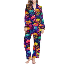 Dámská pyžamová sada s potiskem lebky na Halloween, dlouhý rukáv, límeček, pohodlné pyžamo, 2dílný outfit, velikost S-2XL, vícebarevná