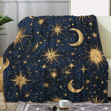 Vintage Celestial Knitted Polyester Fleece Blanket with Stars & Moon – Soft, Warm, Cozy Throw for Couch