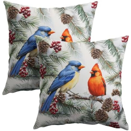 Μαξιλαροθήκες Pine Needles Birds 18x18", Σετ 2 τεμαχίων, Διακοσμητικές Μαξιλαροθήκες από 1