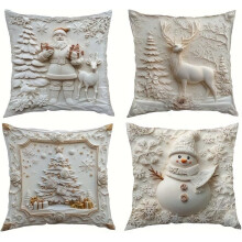 Weihnachtskissenbezüge, 4er-Set, 50 x 50 cm, weiches, weißes Design mit Schneemann, Rentier und Weihnachtsbäumen, weihnachtliche Kissenbezüge im