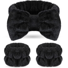 Conjunto de 3 piezas de diadema y muñequera para lavado facial para mujer, diadema con lazo para cuidado de la piel, toalla de muñeca suave para