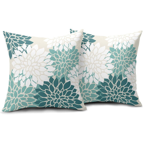 Capas de almofada 50x50cm (20x20 polegadas) em tons de azul-petróleo e branco – Estampa floral e geométrica de dálias, decoração moderna 1