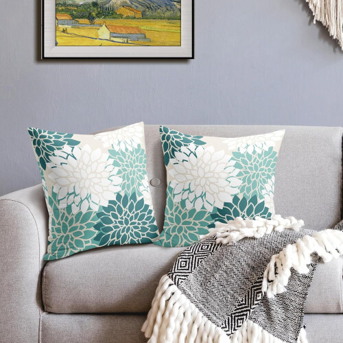Capas de almofada 50x50cm (20x20 polegadas) em tons de azul-petróleo e branco – Estampa floral e geométrica de dálias, decoração moderna 2