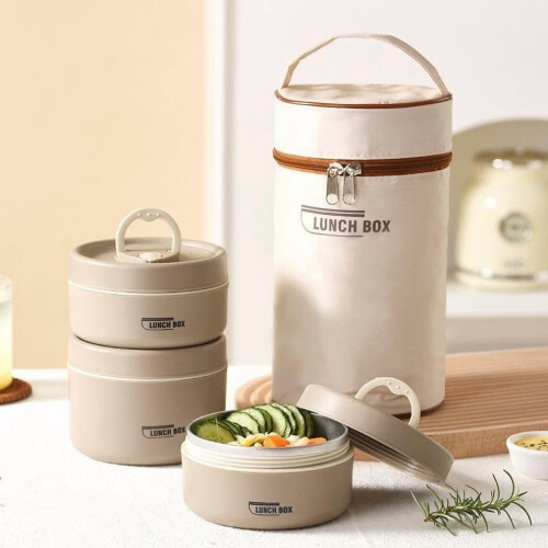 Conjunto de 3 recipientes térmicos para almoço, cor marrom, com bolsa. 1