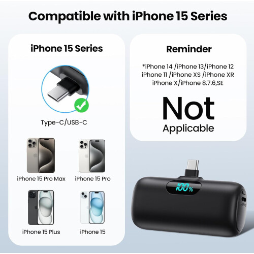Mini batería externa USB-C PD de 5000 mAh con cable integrado – Compatible con iPhone 17/16/15 y Android 1