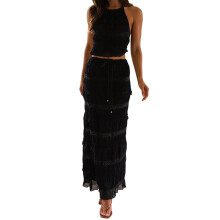 Completo da donna composto da due pezzi: gonna lunga, top a balze stile Y2K, gonna lunga a strati svolazzante e arricciata, ideale per la spiaggia e