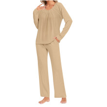 2-delige damespyjamaset, loungeset met ronde hals, top met lange mouwen, taillebroek met zakken, maten S-3XL