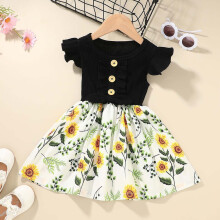 Vestido infantil para meninas, vestido de verão com babados, sem mangas e detalhes florais/Preto, tamanho 12-18 meses