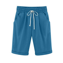 QLEICOM Dameshorts i plusstørrelse i bomuld og hør, ensfarvede, afslappede strand-/yoga-/vandreshorts med 5 lommer – Blå, S (US4)