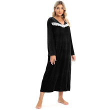 Camicia da notte vintage da donna in velluto, maniche lunghe, scollo a V, pizzo, lunghezza intera, abbigliamento da casa, pigiama, vestito