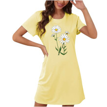 Camicia da notte da donna taglie forti con stampa girasoli, scollo rotondo, maniche corte, in pile double-face di seta di latte, taglie dalla S alla