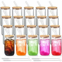 Conjunto de 20 copos de vidro de 473 ml (16 oz) com tampas e canudos – Kit de presente personalizável, copos térmicos para café/chá gelado,