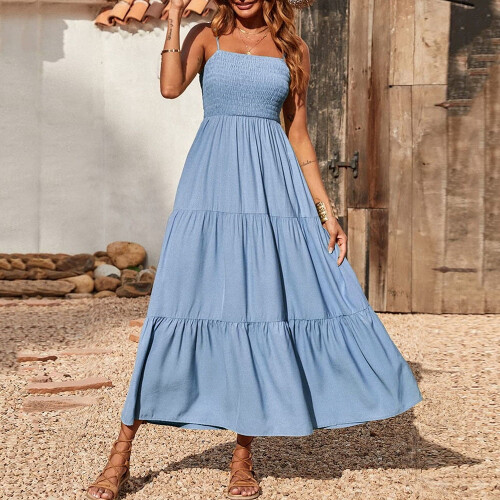 Έκπτωση έως και 30%! Γυναικείο Φόρεμα Boho Maxi, Μακρύ Φόρεμα με Τιράντες και Σλιπ, Μπλε, 1