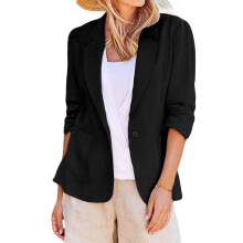 Linen Blazers for Women Business Casual 3/4 Sleeve Lightweight Suit Jackets Work Office Blazer With Pockets Black