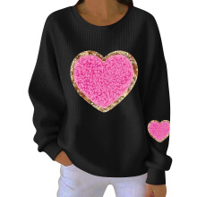 Sweat-shirt femme Saint-Valentin imprimé cœur, col rond côtelé, manches longues