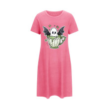 Női plus size halloweeni hálóing, rövid ujjú, szellemmintás, kerek nyakú, 3XL–5XL, több színben (pink), kompatibilis a kísérteties