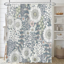 Cortina de ducha estilo bohemio floral, margaritas blancas y rosas sobre fondo gris azulado, 72x72", incluye 12 ganchos, juego de cortinas de tela