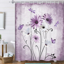 Cortina de ducha rústica bohemia morada con margarita violeta, mariposa y libélula – Diseño floral de estilo granja, 70x70 cm, compatible con