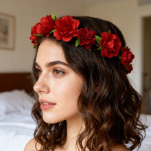 Cerchietto con coroncina di rose rosse e foglie, regolabile, 22 cm, con fiori artificiali, accessorio per capelli per Pasqua, matrimoni, feste e
