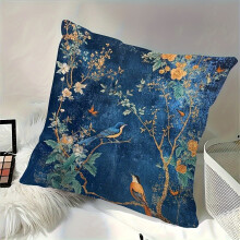 Dubbelzijdige kussenhoes met Chinees bloemen- en vogelmotief, marineblauw en goudkleurige Aziatische print, zachte hoes met ritssluiting voor