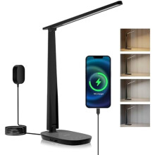 LED-Schreibtischlampe HWT-H2Sunturalux – Augenschonende, faltbare Lampe mit USB-A/C-Anschluss, 4 Farbmodi, dimmbar – Schwarz