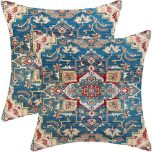 Boho kussenhoezen 16x16, set van 2, linnen met etnisch design, blauw-rood tapijtpatroon, bohemian kussenhoezen in landelijke stijl voor bank,