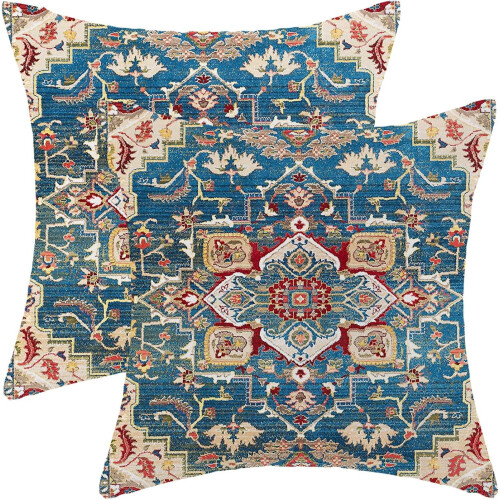 Μαξιλαροθήκες Boho 16x16, Σετ 2 τεμαχίων, Έθνικ σχέδιο από λινό, Μπλε κόκκινο μοτίβο