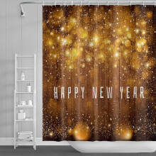 Cortina de chuveiro de Ano Novo 72x84 polegadas – Tábuas de madeira marrom rústicas, estampa 3D realista, abertura com glitter, decoração