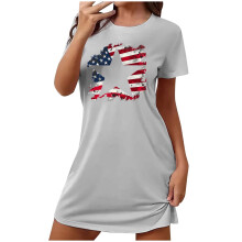 Kort natkjole med USA-patriotisk 4. juli-print til kvinder i plusstørrelse | Rund hals, korte ærmer, afslappet loungewear | Pyjamassæt i S-2XL