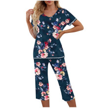 Dames casual losse nachtkleding set - Top met V-hals en print, korte mouwen + capri broek met elastische taille en zijzakken | S-2XL | Pyjama set