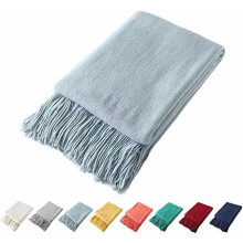 Light Blue Knitted Throw Blanket with Fringe, 60x80", Soft Acrylic Cozy Tassel Blanket for Couch, Sofa, Bed
