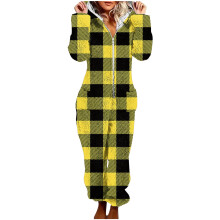 Rutete fleece-pysjamas med hette og føtter til dame, S-2XL