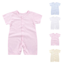 Rompertje voor pasgeboren meisjes, zachte jumpsuit met knoopsluiting aan de voorkant, effen blauwe bodysuit, ronde hals, korte mouwen, ademend –