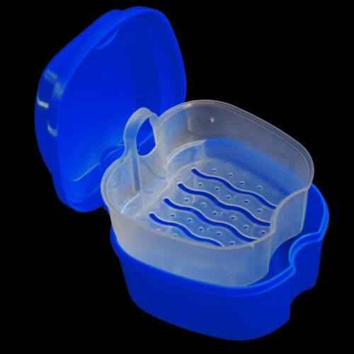 Denture Case with Dual Function Design, Compact Travel Denture Bath Box, Secure Snap Lock, Dark Blue 2