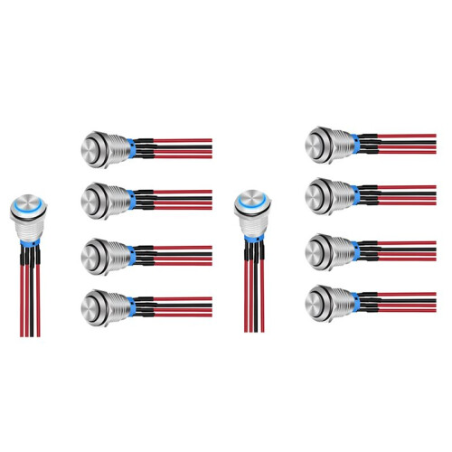 12mm Push Button  10PCS with Pre Wired Harness 12V 24V Self Locking Latching LED Round Waterproof Metal