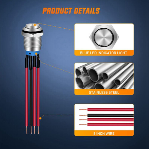 12mm Push Button  10PCS with Pre Wired Harness 12V 24V Self Locking Latching LED Round Waterproof Metal 2