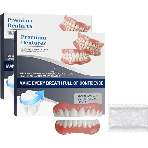 Natural Looking Full Denture Set with Silicone Reline, Comfortable Upper and Lower Arch Kit (2pcs)
