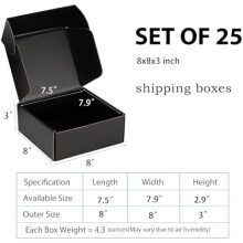 Kis szállítódobozok, 8x8x3" (25 db-os csomag) – Masszív fekete hullámkarton, újrahasznosítható, e-kereskedelemhez és postázáshoz | USPS