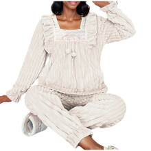 Set de pijamale de iarnă din flanel pentru femei, fleece cu două fețe, set de lenjerie stil prințesă, top și pantaloni cu guler pătrat,