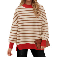 (L, Red) Women's Loose Stripes Sweaters Long Sleeve Round Neck Contrast Color Knit Tops Fall Jumper Tops