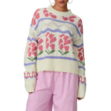 (M, Multicolor) Women Knit Sweater Long Sleeve Crew Neck Flower Pullover Warm Sweater for Fall Winter