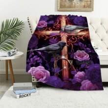 Purple Christian Cross Throw Blanket – Hummingbird Faith Design, Soft Plush Flannel, Super Warm, for Adults & Kids, Catholic Gift