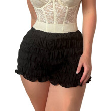 (L, Black) Short bloomer d'été pour femme, couleur unie, taille haute, à volants, moulant