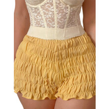 (S, Yellow) Short bloomer d'été pour femme, couleur unie, taille haute, à volants, moulant