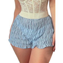 (L, Sky Blue) Short bloomer d'été pour femme, couleur unie, taille haute, à volants, moulant