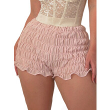 (L, Pink) Short bloomer d'été pour femme, couleur unie, taille haute, à volants, moulant