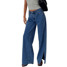 (S, Blue) Jeans da donna a vita bassa, lavati, alla moda, a gamba larga con spacco sull'orlo, pantaloni in denim larghi