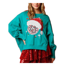 (S, Turquoise) Sweat-shirt à manches longues pour femme, imprimé de boules de Noël, fentes latérales, épaules tombantes, style décontracté.