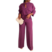 (XXL, Purple) Tailleur pantalon femme, chemise élégante à manches longues et col en V avec pantalon large, tenue de bureau formelle